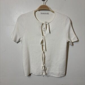 Abercrombie‎ & Fitch Tie-Front Short Sleeve Cardigan Knit Cropped Cream XS DESC